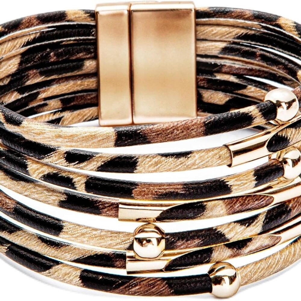 Leopard Bracelet for Women, Boho Leather Wrap Multi-Layer Pearl Crystal Bracelet